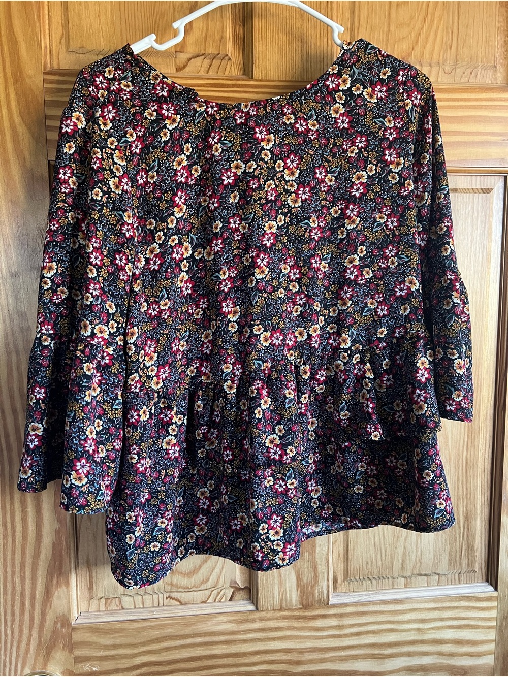 Time and Tru Black Floral Peplum Blouse with Burgundy and Cream Accents